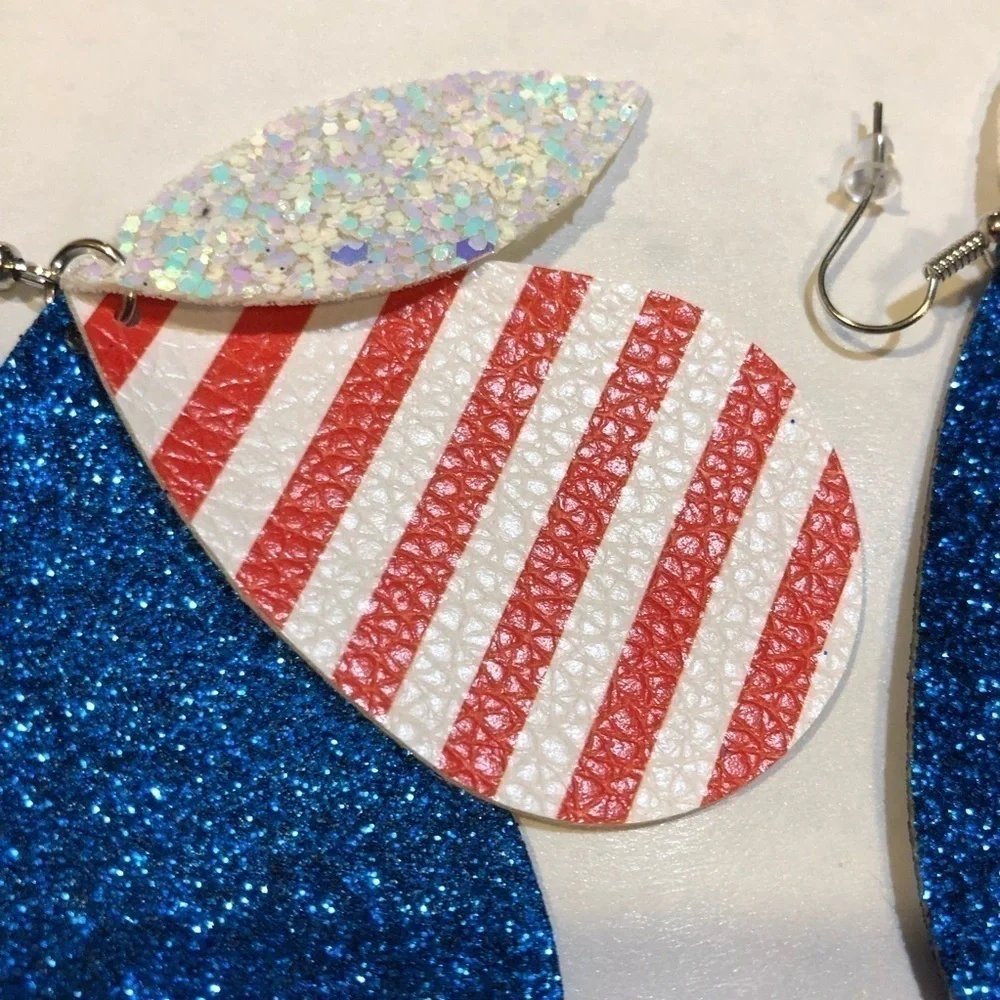 New! Lightweight Faux Leather Drop 3 Layer Patriotic Red Dangle Earrings